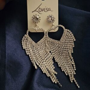 Long Dangling Heart Rhinestone Earrings